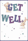 There's a vibrant, uplifting spirit in this get well card, reminiscent of fresh blooms brightening Harold Hill doorsteps. Two charming figures-a teddy bear with soft, inviting fur and a playful floppy-eared pup-interact joyfully with the oversized, jewel-toned 'Get Well' lettering that leaps across a clean cream background. Vivid indigo and teal hues in the text stand boldly, while twinkling stars in various shades of blue and purple are scattered like little notes of encouragement. These star accents echo glimpses of starlight over Dagnam Park, adding a whimsical touch. The characters' expressions and their tangible textures convey a gentle optimism, much like a bouquet crafted with care by Harold Hill Florist for a neighbour's recovery. Every element feels infused with warmth and hope, making the card a soft, comforting reminder that even small gestures carry healing power in Harold Hill.